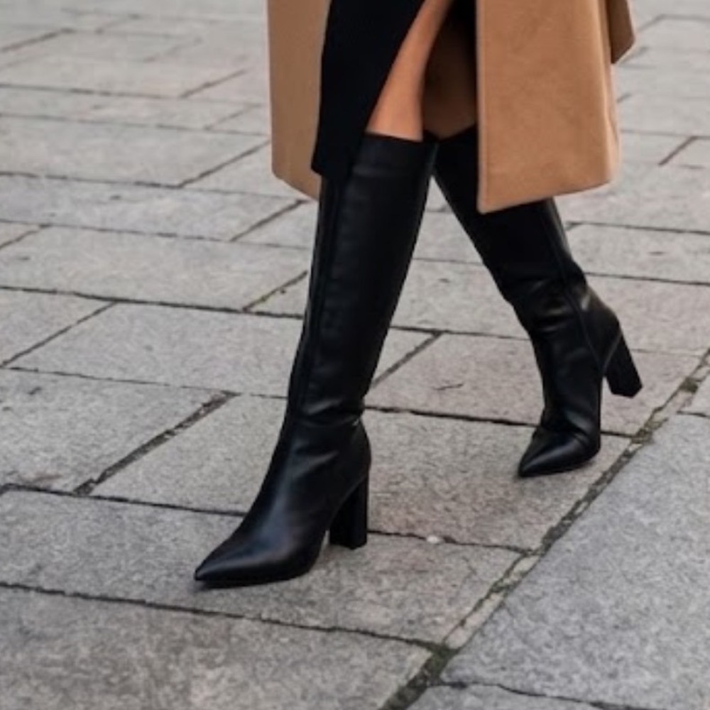 Wild pair Womens Black Pointed Toe Block Heel Wide Calf Knee High Boots 7.5W